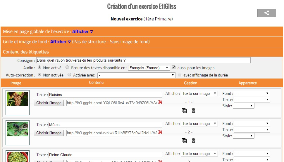 Liste des étiquettes
