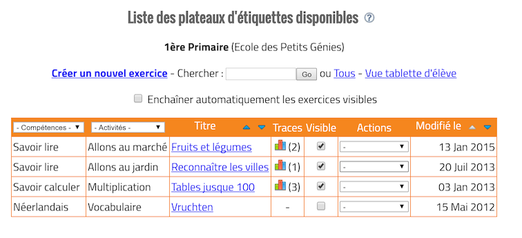 Liste des exercices