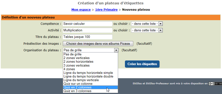 Choix du type de quiz