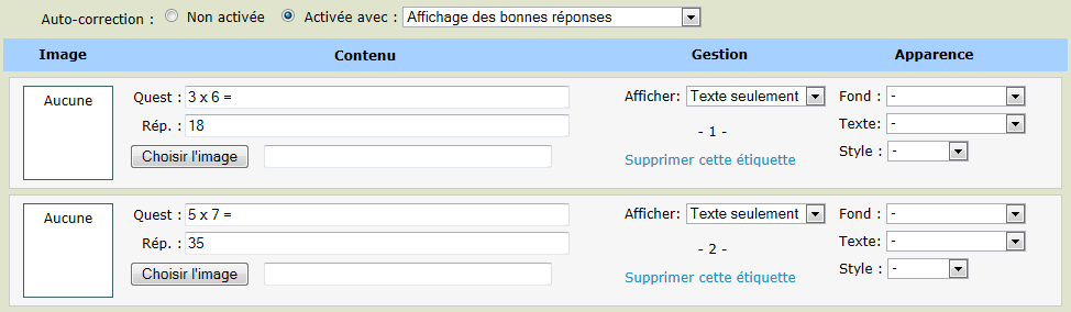 Création des étiquettes de quiz