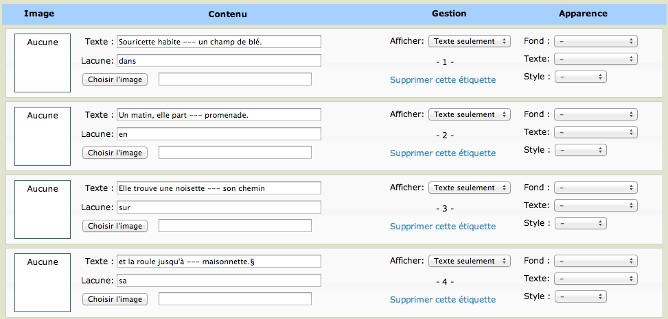 Construction du texte lacunaire